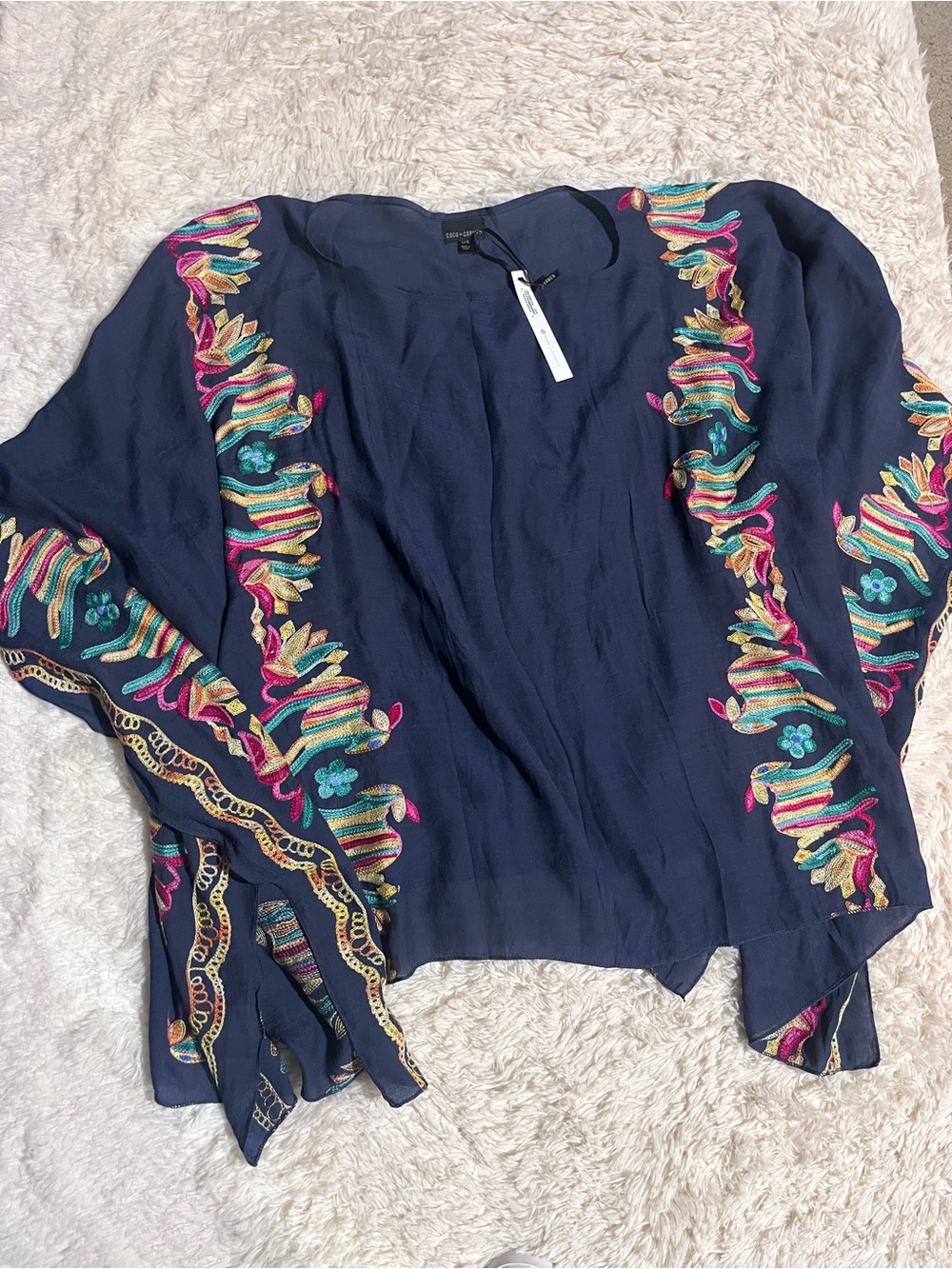 Coco and Carmen Embroidered Navy Floral-Accent poncho/batwing style short sleeve